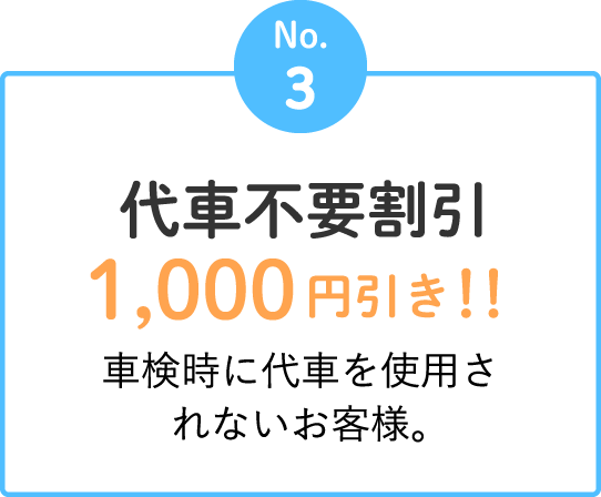 No.3 代車不要割引 1,000円引き！！　車検時に代車を使用されないお客様。