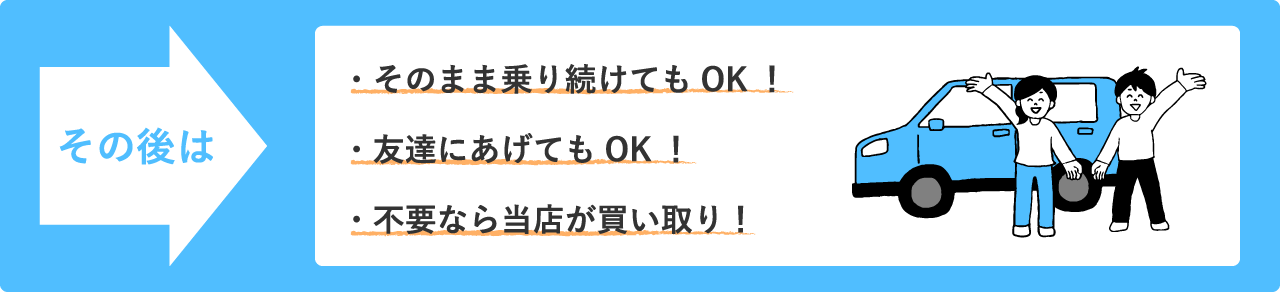 その後は　そのまま乗り続けてもOK！　友達にあげてもOK！　不要なら当店が買い取り！